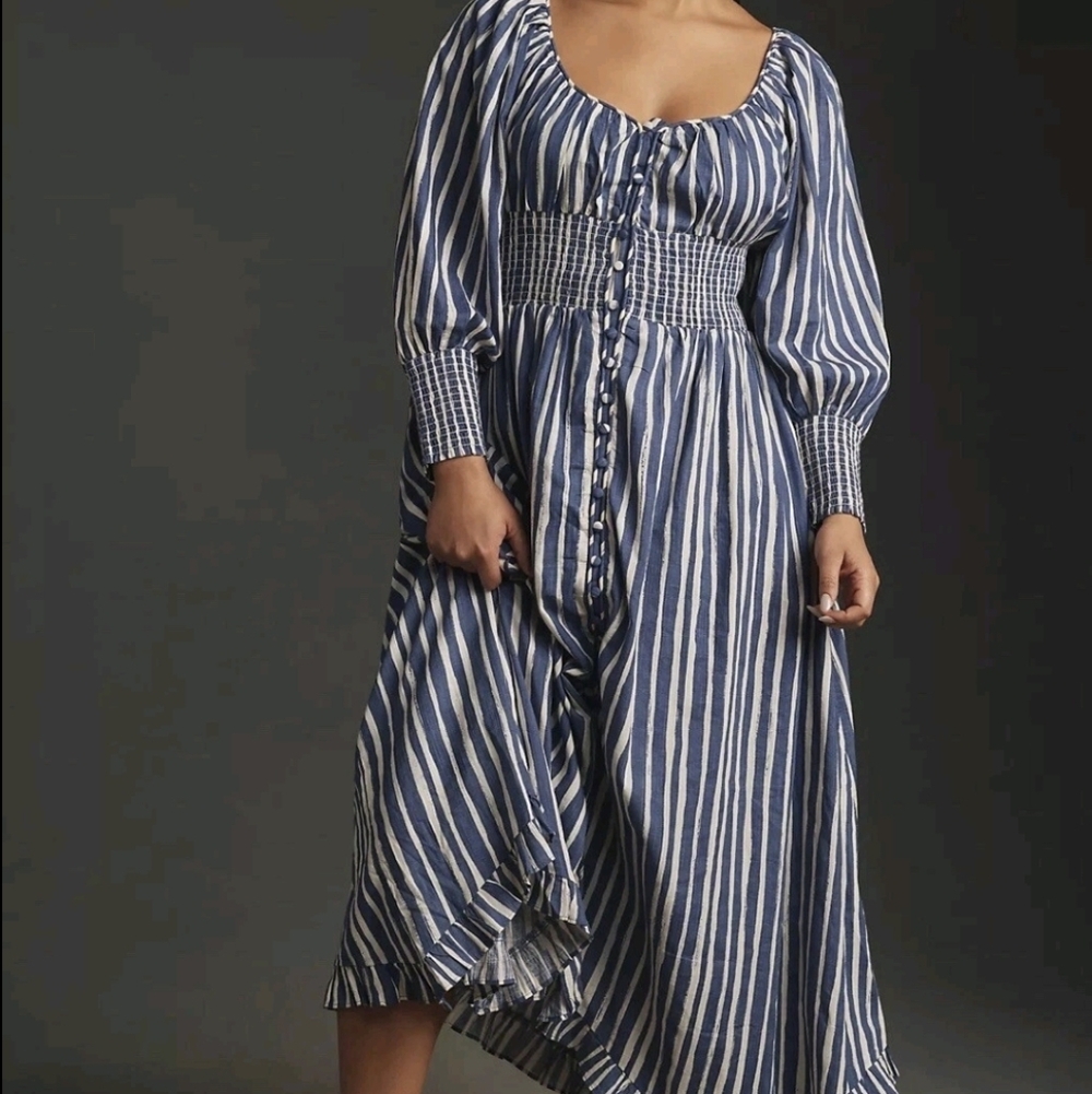 Anthropologie Blue and White Striped Smocked Waist Midi Dress